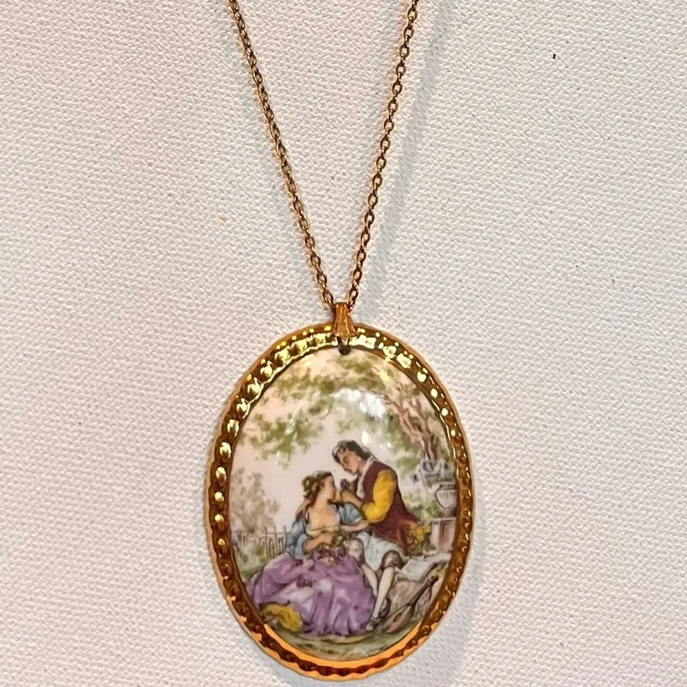 Vintage Fragonard Courting Couple Porcelain Necklace- Hand-Painted Scene